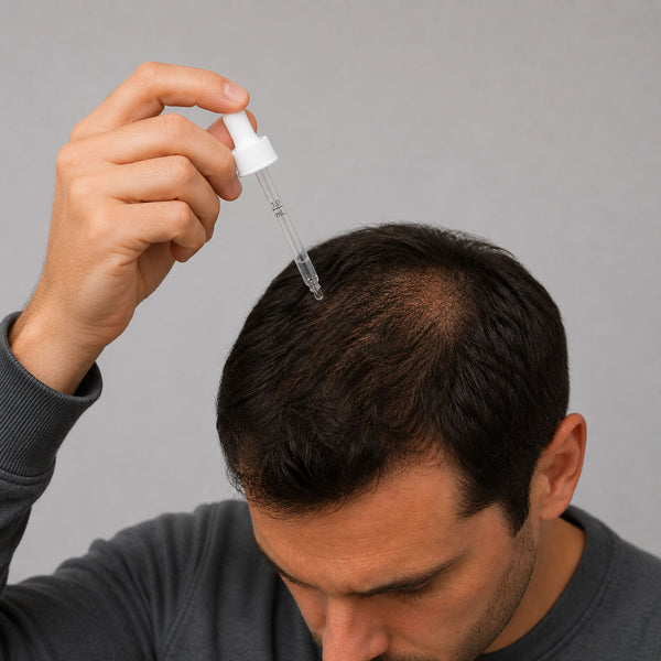 Applying FOLIGAIN Hair Regrowth DHT Blocker Serum with 12% TRICHOGEN® to scalp for hair loss treatment.