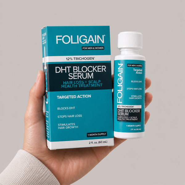 FOLIGAIN Canada DHT blocker hair regrowth serum in a small bottle, designed to reduce hair loss and promote thicker hair.