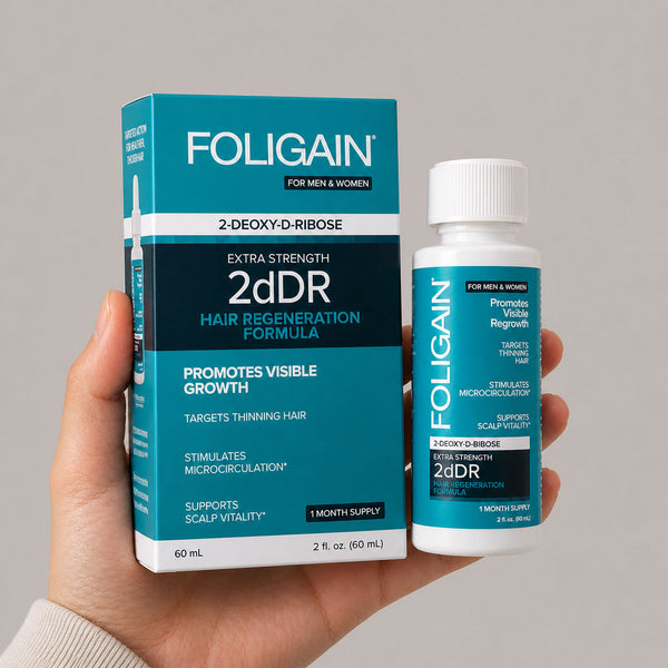 FOLIGAIN Canada 2dDR Hair Regeneration Serum bottle, natural hair growth treatment for thinning hair and scalp health.