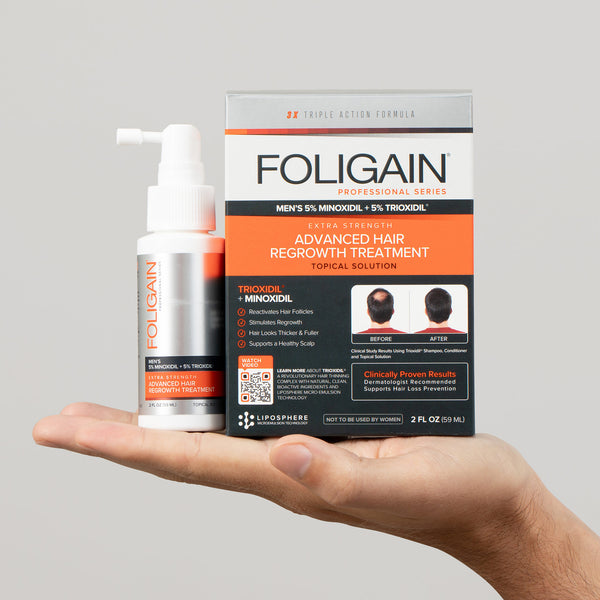 FOLIGAIN Advanced Hair Regrowth Topical Lotion with Minoxidil 5% and TRIOXIDIL for men, in a clear bottle with applicator tip.