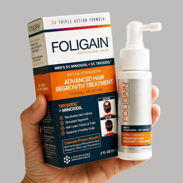 FOLIGAIN Advanced Hair Regrowth for Men topical lotion with 5% Minoxidil and TRIOXIDIL 5% for hair thinning treatment.