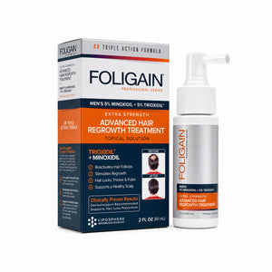 FOLIGAIN Advanced Hair Regrowth Topical Lotion for Men with Minoxidil 5% and TRIOXIDIL 5% in a clear bottle.