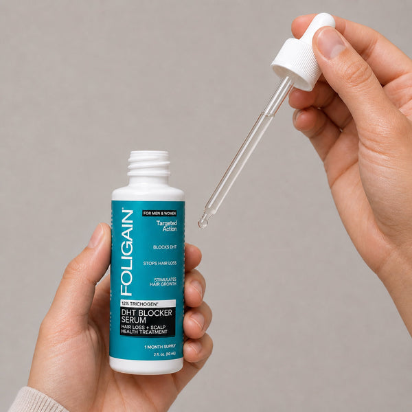 FOLIGAIN Hair Regrowth DHT Blocker Serum with 12% TRICHOGEN, topical serum for hair thinning and scalp treatment.