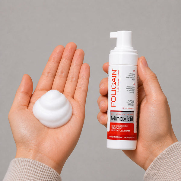 FOLIGAIN Canada Minoxidil 5% foam for men, 6-month supply, with a foam bottle and applicator for hair regrowth.