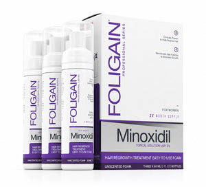 FOLIGAIN Canada Minoxidil 2% hair regrowth foam for women, shown in a 3-month supply container with foam dispenser.