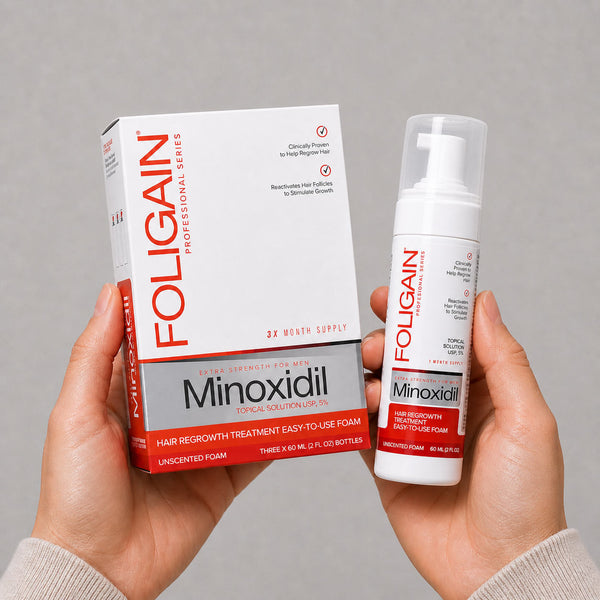 FOLIGAIN Ultra-Pure Minoxidil 5% hair regrowth foam for men, 3-month supply, in a white foam bottle with applicator tip.