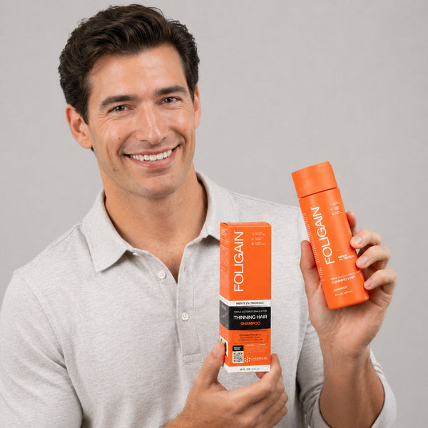 FOLIGAIN Triple Action Shampoo for thinning men's hair with 2% TRIOXIDIL®, featuring a bottle of FOLIGAIN Canada shampoo.