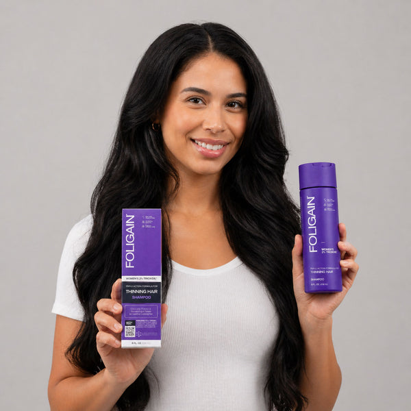 FOLIGAIN Triple Action Shampoo for thinning hair women with 2% TRIOXIDIL®, in a bottle with label, suitable for hair thinning.