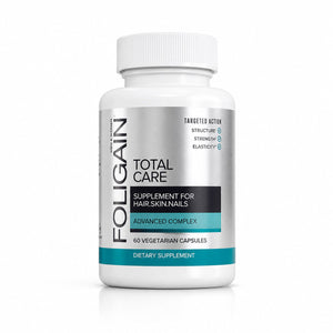 FOLIGAIN TOTAL CARE supplement for thinning hair, skin, and nails in a vegetarian capsule bottle from FOLIGAIN Canada.
