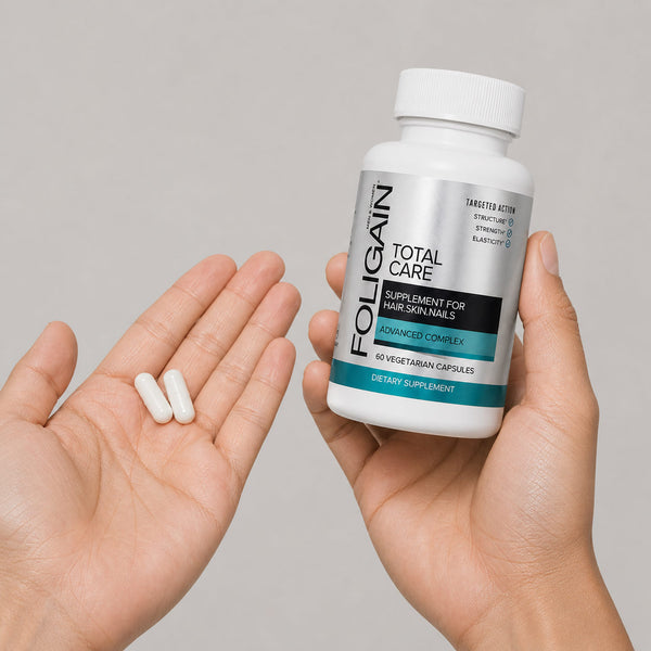 FOLIGAIN Total Care supplement for thinning hair, skin, and nails in 60 vegetarian capsules, by FOLIGAIN Canada.