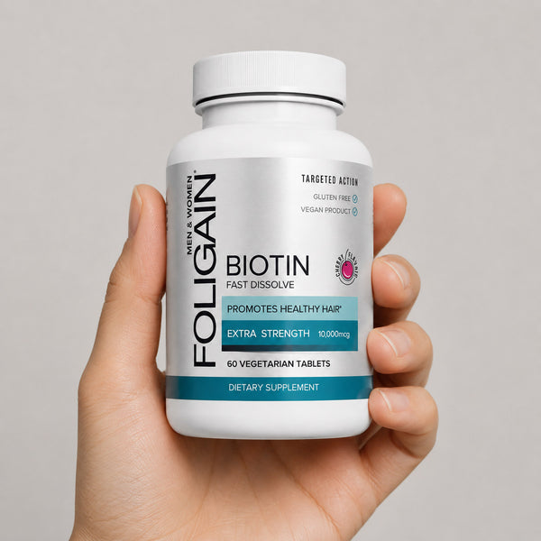 FOLIGAIN Biotin supplement tablets for healthier-looking hair, fast dissolve formula, 60 tablets, FOLIGAIN Canada.