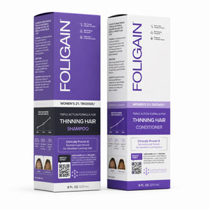 FOLIGAIN Canada hair growth shampoo and conditioner kit for women with 2% TRIOXIDIL, featuring bottles of shampoo and conditioner.
