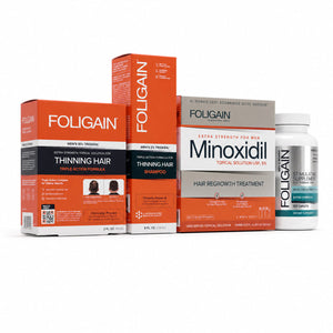 FOLIGAIN Men's Hair Regrowth Kit with TRIOXIDIL 10% and Minoxidil 5% bottles and applicator for hair thinning treatment.