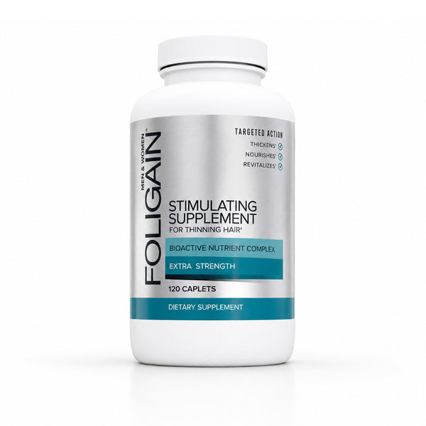 FOLIGAIN Canada stimulating supplement for thinning hair, 120 caplet tablets, natural hair growth support.