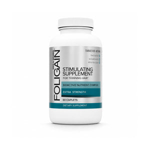 FOLIGAIN Canada stimulating supplement for thinning hair, 60 caplet tablets, promoting hair growth and scalp health.