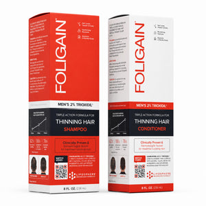 FOLIGAIN Canada thinning hair shampoo and conditioner kit for men with 2% TRIOXIDIL, showing bottles of hair care products.