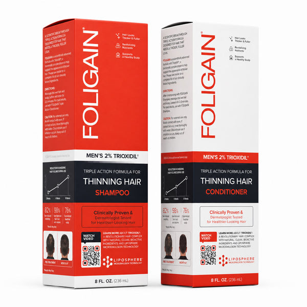 FOLIGAIN Canada thinning hair shampoo and conditioner kit for men with 2% TRIOXIDIL, showing bottles of hair care products.