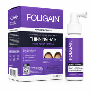 FOLIGAIN Canada triple-action topical lotion for women with 10% TRIOXIDIL® to help reduce hair thinning.