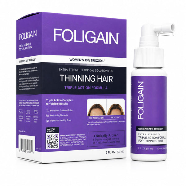 FOLIGAIN Canada triple-action topical lotion for women with 10% TRIOXIDIL® to help reduce hair thinning.