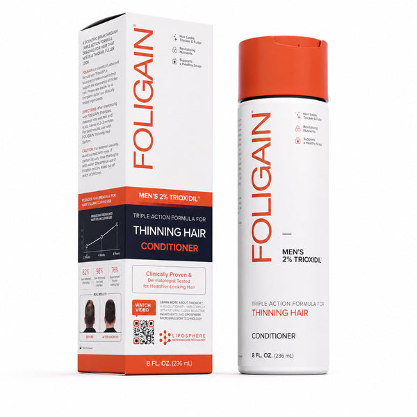 FOLIGAIN Triple Action Conditioner for thinning men's hair with 2% TRIOXIDIL, showing the conditioner bottle and product label.