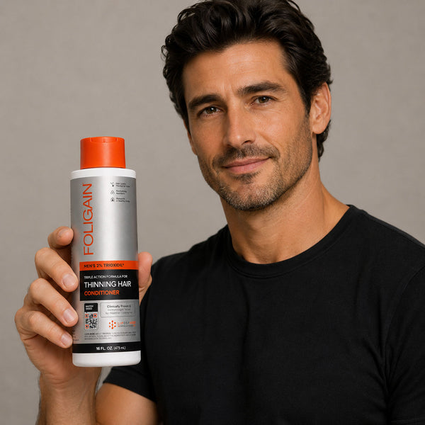 FOLIGAIN Canada Triple Action Conditioner for thinning men's hair with 2% TRIOXIDIL, 473ml bottle with pump dispenser.