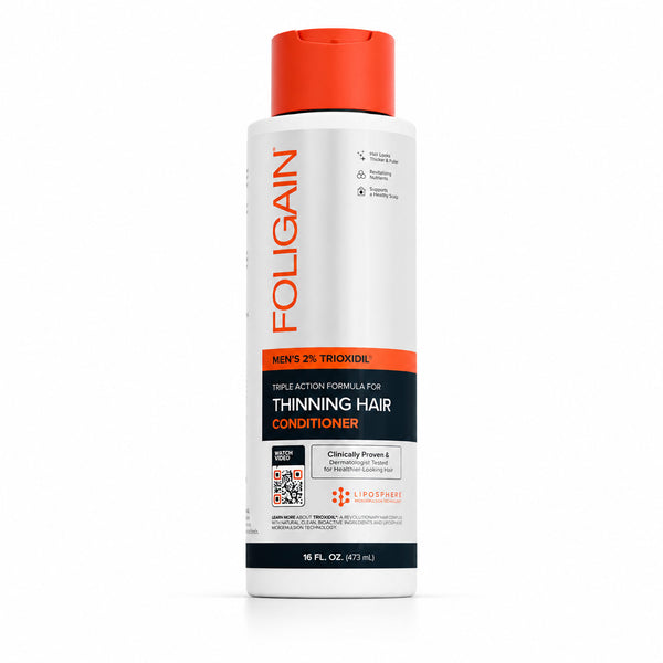 FOLIGAIN Canada triple-action conditioner for thinning men's hair with 2% TRIOXIDIL in a 473ml bottle, showing the conditioner bottle.