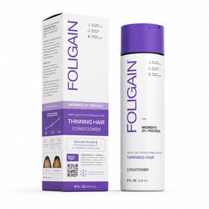FOLIGAIN Canada Triple Action Conditioner for thinning hair women with 2% TRIOXIDIL, showing the conditioner bottle and hair.