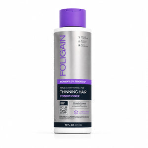 FOLIGAIN Canada triple-action conditioner for thinning women's hair with 2% TRIOXIDIL, 473ml bottle, shown in the image.