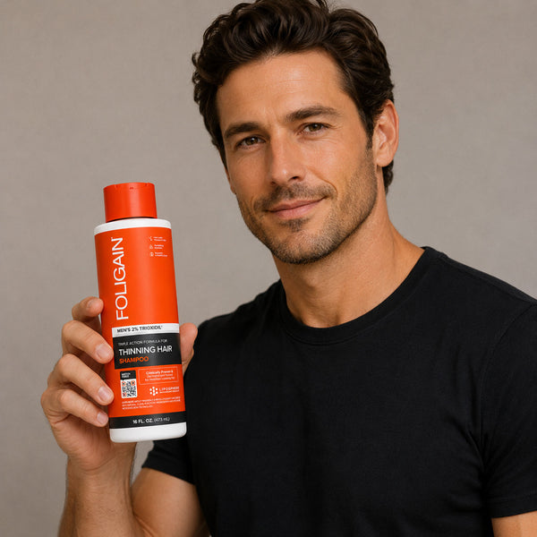 FOLIGAIN Canada Triple Action Shampoo for thinning men's hair with 2% TRIOXIDIL, 473ml bottle, showing the shampoo and label.