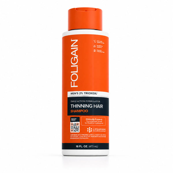 FOLIGAIN Triple Action Shampoo for thinning men's hair with 2% TRIOXIDIL, 473ml bottle, showing the shampoo bottle with label.