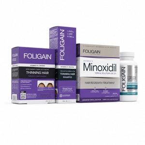 FOLIGAIN Women's Hair Regrowth Kit with TRIOXIDIL and 2% Minoxidil for thinning hair treatment, featuring bottles and applicator.