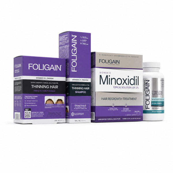 FOLIGAIN Women's Hair Regrowth Kit with TRIOXIDIL and 2% Minoxidil for thinning hair treatment, featuring bottles and applicator.