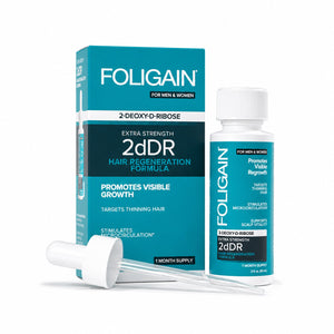 Open bottle of FOLIGAIN 2dDR Hair Regeneration Serum in a clear glass container, showing the serum inside.