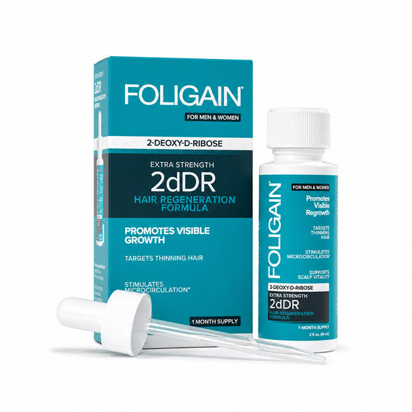 Open bottle of FOLIGAIN 2dDR Hair Regeneration Serum in a clear glass container, showing the serum inside.