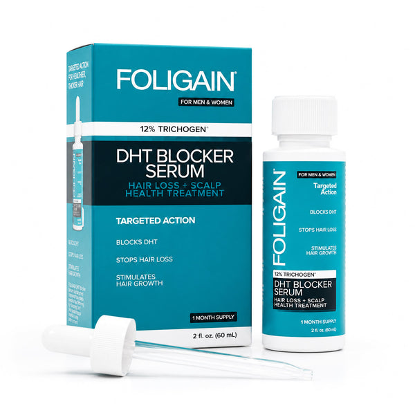 Open FOLIGAIN DHT Blocker topical serum with 12% TRICHOGEN, featuring a clear 2oz bottle with a dropper for hair regrowth.