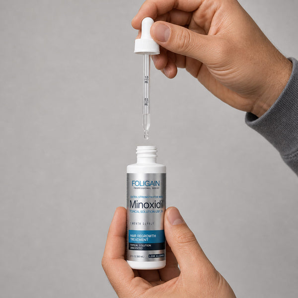 FOLIGAIN Canada low alcohol minoxidil topical lotion for men's hair regrowth, 6-month supply, in a clear bottle with applicator.
