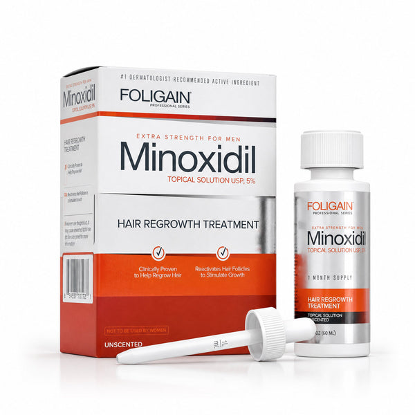 FOLIGAIN Ultra-Pure Minoxidil 5% hair regrowth treatment topical lotion for men, one-month supply, in a clear bottle.
