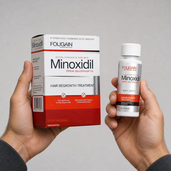 FOLIGAIN Canada Minoxidil 5% hair regrowth treatment topical lotion for men, one-month supply, in a bottle.