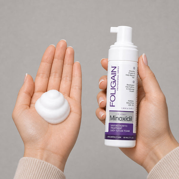 FOLIGAIN Canada Ultra-Pure Minoxidil 2% foam for women, hair regrowth treatment, shown in a container with foam applicator.