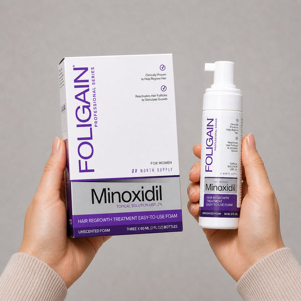 FOLIGAIN Canada Minoxidil 2% hair regrowth foam for women, 3-month supply, showing the foam applicator and product packaging.