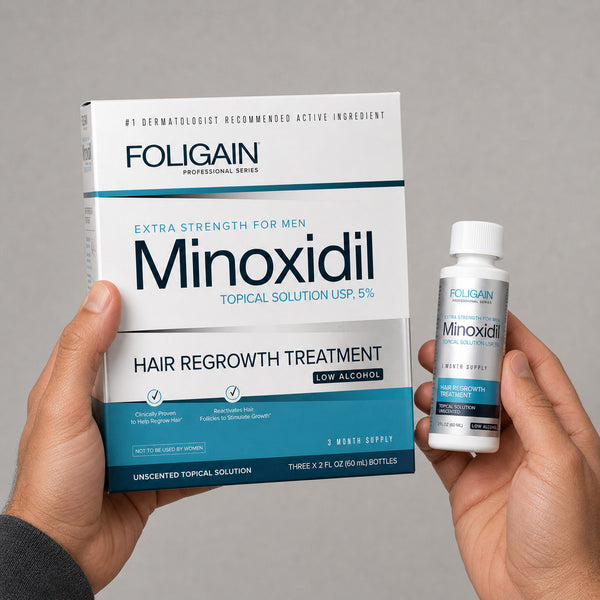 FOLIGAIN Canada low alcohol minoxidil topical lotion for men, hair regrowth treatment, 6-month supply, bottle with applicator.
