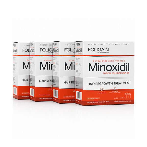 FOLIGAIN Ultra-Pure Minoxidil 5% topical lotion for men's hair regrowth, 12-month supply, shown in a bottle with applicator.