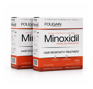 FOLIGAIN Canada Minoxidil 5% topical lotion for men, hair regrowth treatment, 6-month supply showing the bottle and packaging.