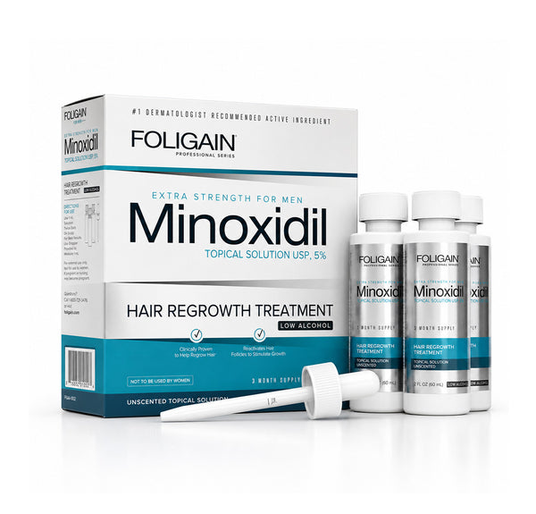 FOLIGAIN Canada low alcohol Minoxidil 5% topical lotion for men, hair regrowth treatment, 3-month supply, bottle with applicator.