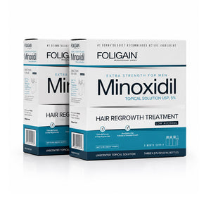 FOLIGAIN Canada Low Alcohol Minoxidil hair regrowth topical lotion for men, 6-month supply, in a clear bottle with applicator cap