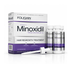 FOLIGAIN Canada Ultra-Pure Minoxidil 2% topical lotion for women, 3-month supply, in a white bottle with a pump dispenser.