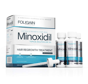 FOLIGAIN Canada low alcohol Minoxidil 5% topical lotion for men's hair regrowth, in a 3-month supply bottle.