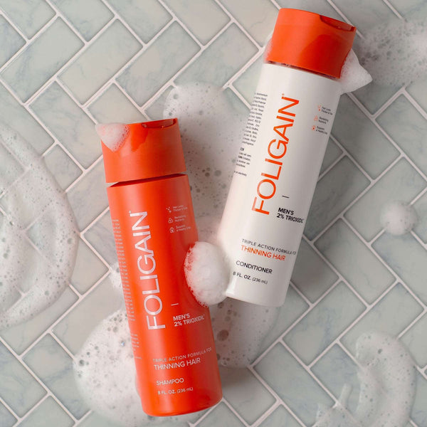 FOLIGAIN Hair Growth Shampoo and Conditioner kit for men with triple-action formula for thinning hair, by FOLIGAIN Canada.