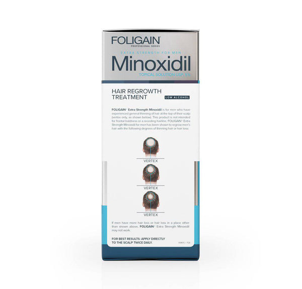 FOLIGAIN Canada Low Alcohol Minoxidil 5% hair regrowth topical lotion for men, 12-month supply, in a pump bottle.