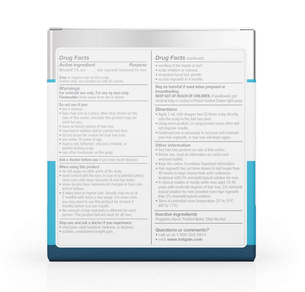 FOLIGAIN Low Alcohol Minoxidil hair regrowth topical lotion for men in a 6-month supply, shown in a bottle with application cap.